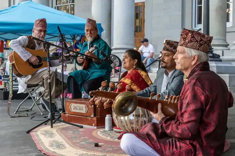 David Surette with street musicians