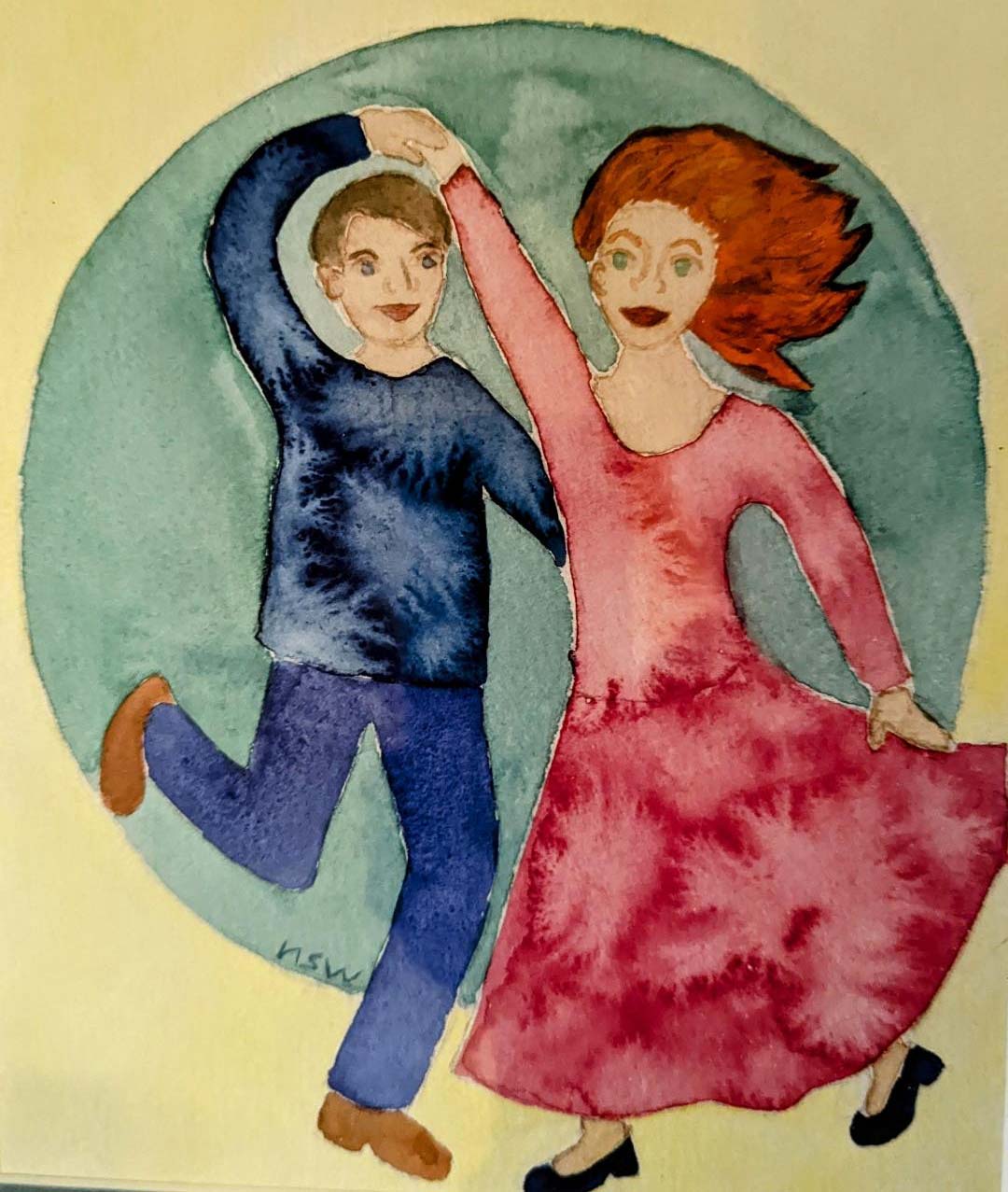 Mystic Pie Dance—watercolor of two contra dancers twirling