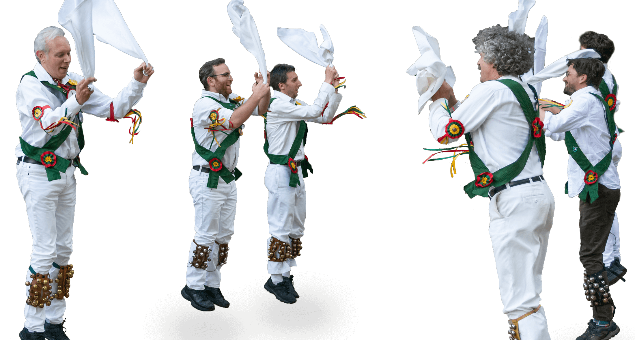 Morris dancers wave white handkerchiefs and jump in the air