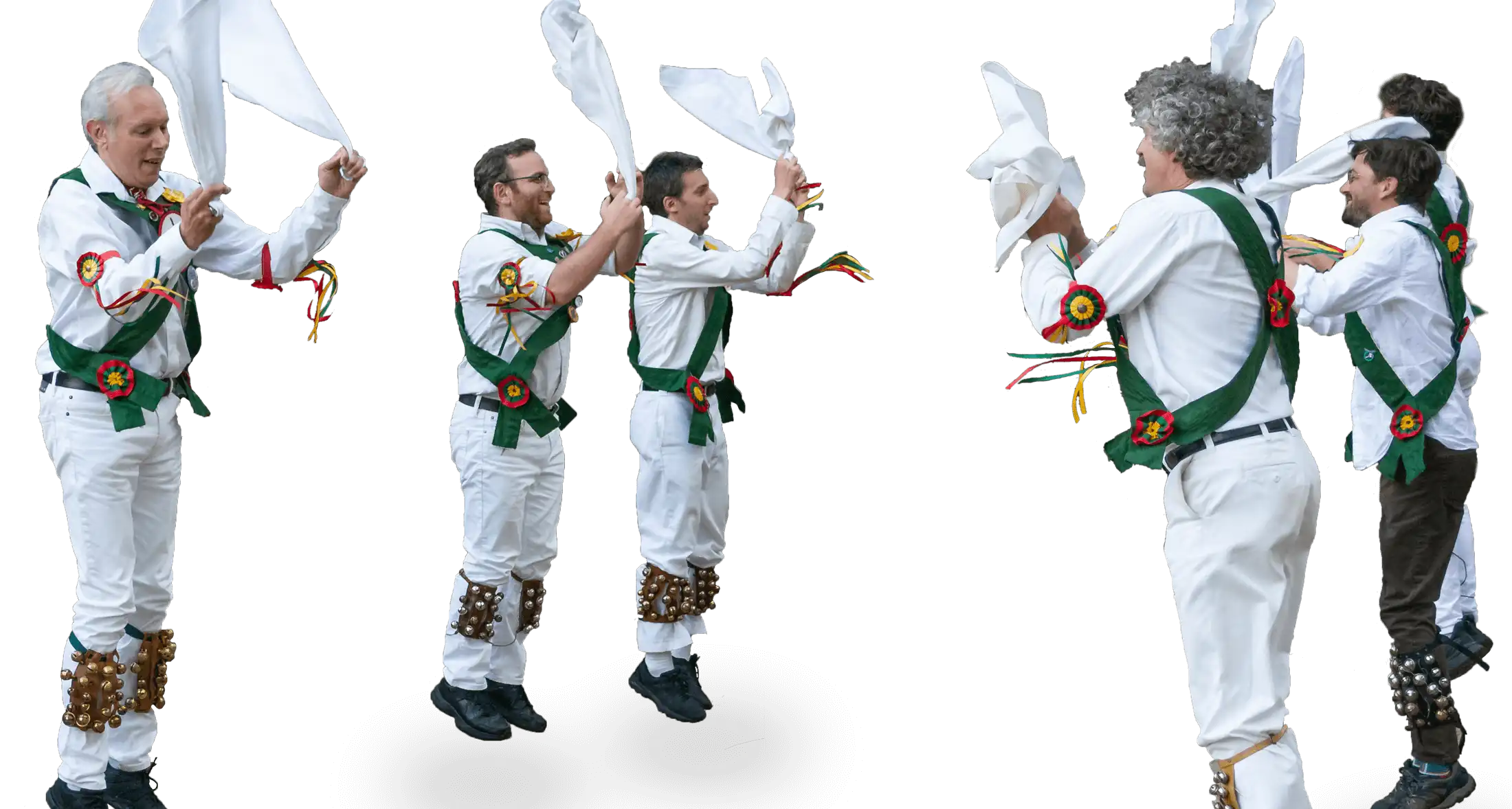 Morris dancers wave white handkerchiefs and jump in the air