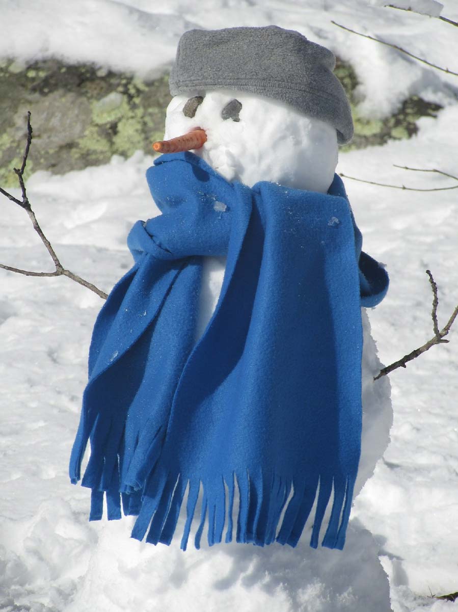 A snow person in a bright blue scarf
