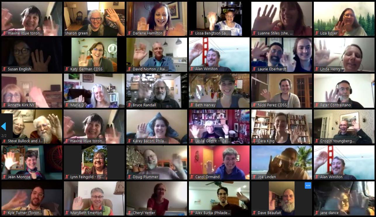 Participants in a Zoom chat waving to one another