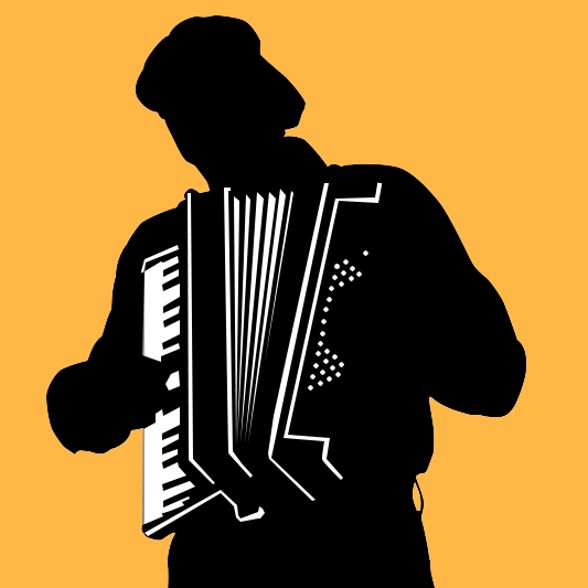 Silhouette of Bob McQuillen playing accordion