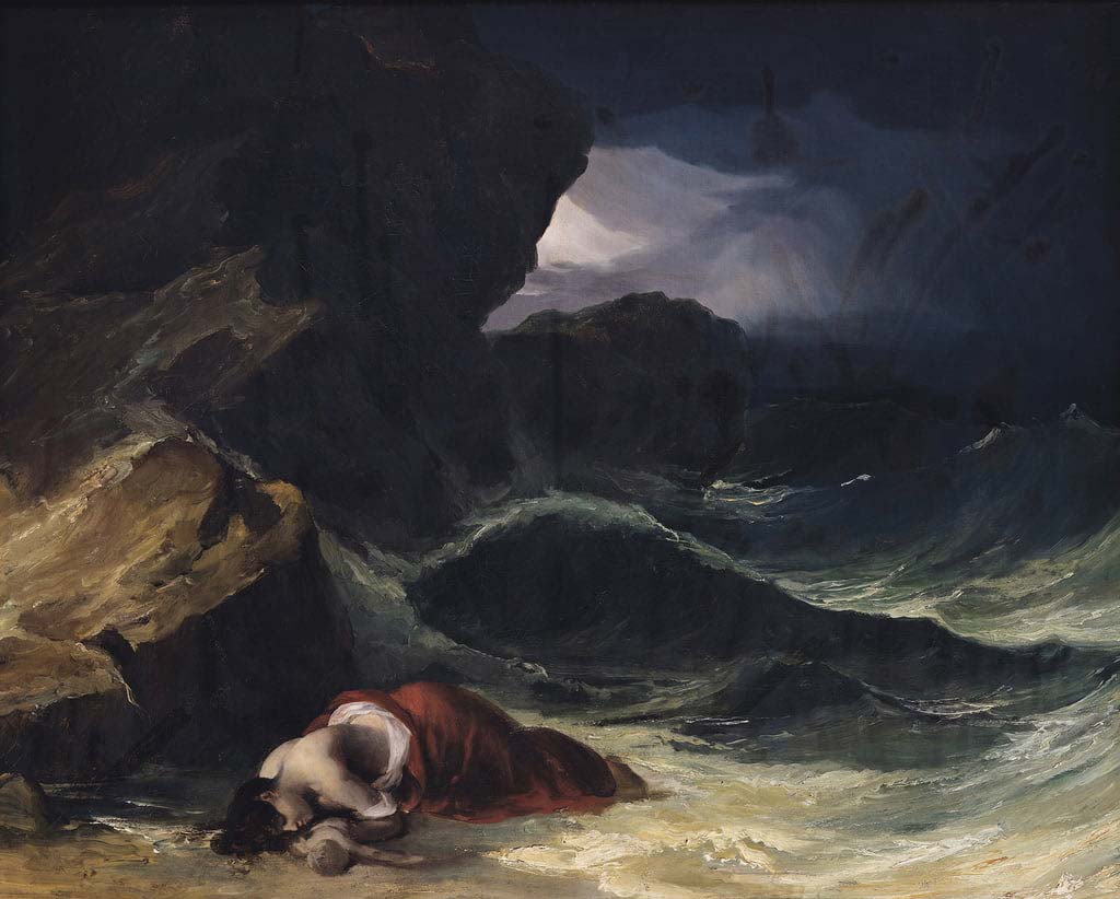 Oil painting of a woman and baby lying on a stormy shore, called "The Storm, or The Shipwreck," by Theodore Géricault