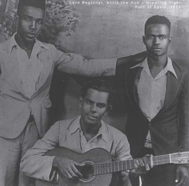 Growling Tiger, aka Neville Marcano, with two other calypso singers in 1935