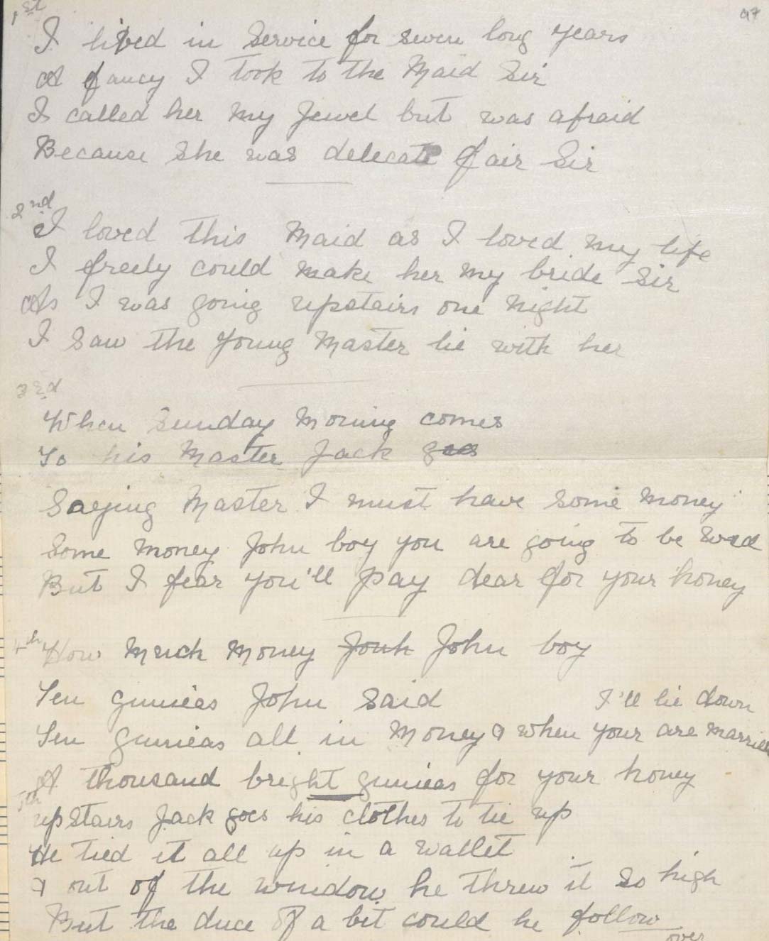 Handwritten lyrics for "I've Lived in Service"