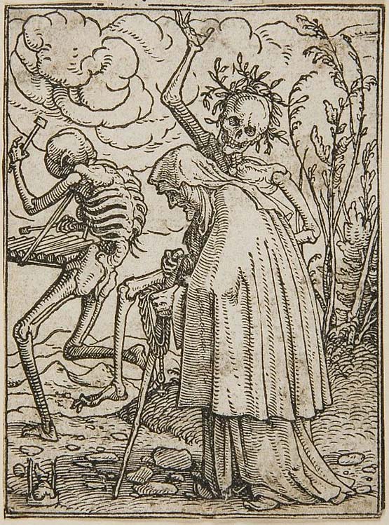 Engraving by Hans Holbein of an old woman with dancing skeletons
