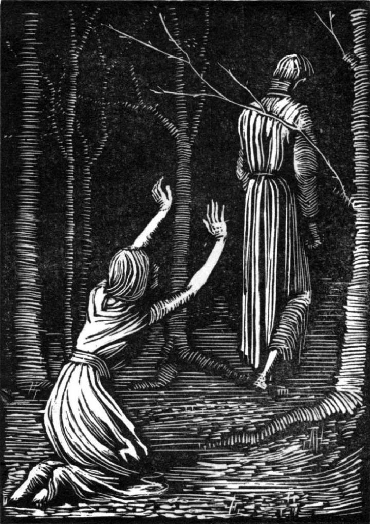 Engraving of Lady Margaret waving her arms toward Sweet William as he walks away