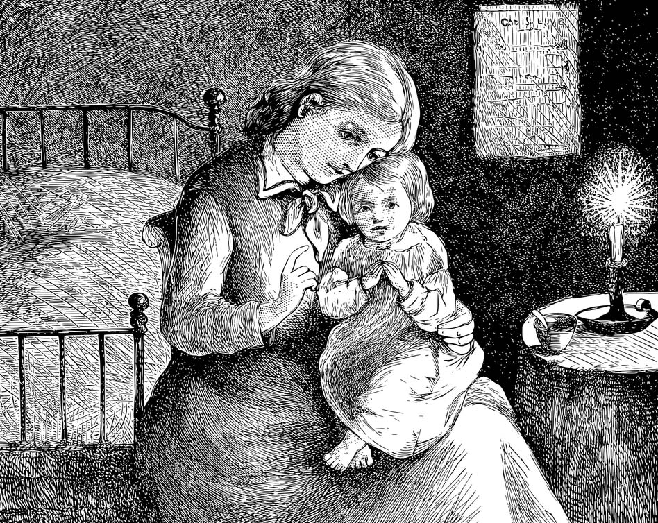 Engraving of a mother and baby