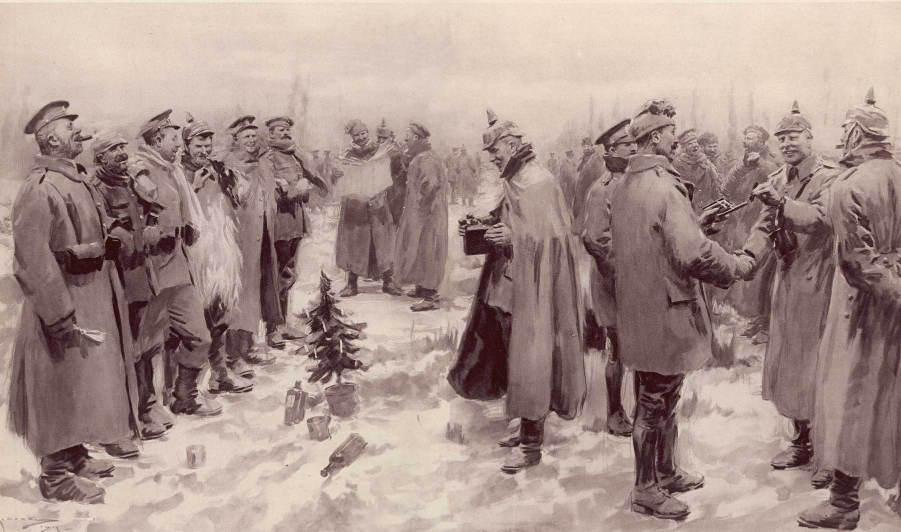British and German WWI soldiers socializing around a small Christmas tree