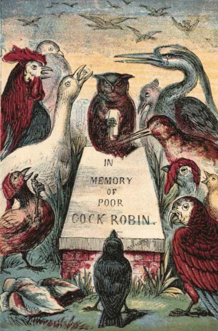 An owl and other birds surround a stone tablet reading "In Memory of Poor Cock Robin."