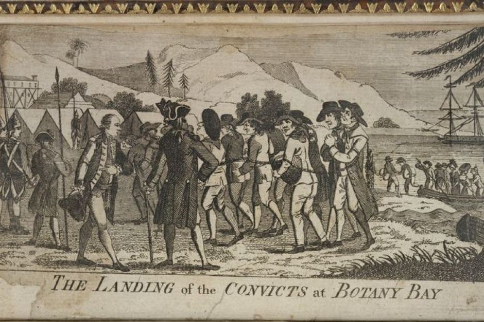 Engraving of convicts landing at Botany Bay, Australia