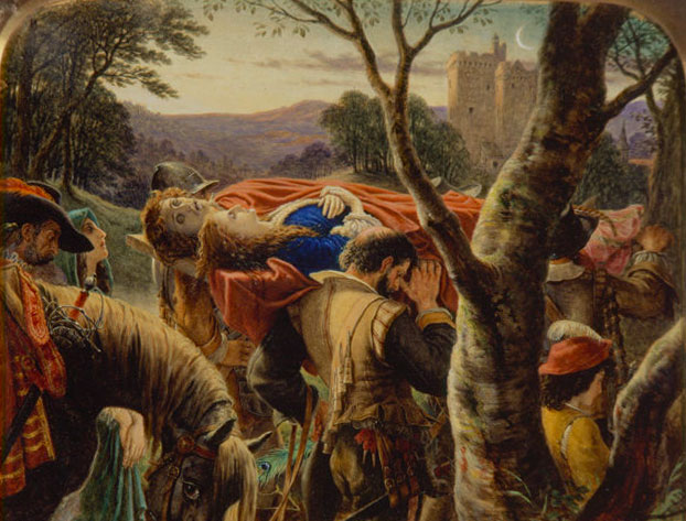 Painting of noblemen carrying the bodies of a young couple in medieval Scotland