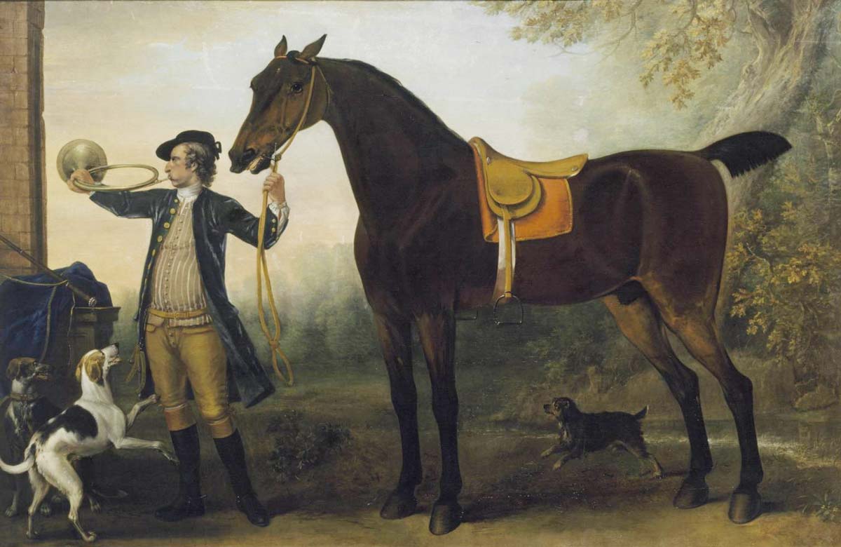Painting of a hunter with horse and dog, blowing a bugle