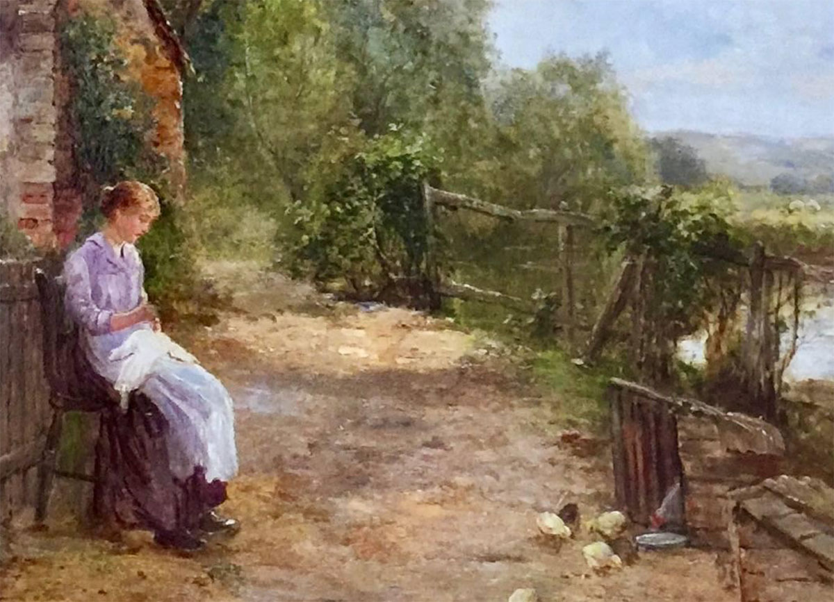Painting of a young girl feeding chickens by a river