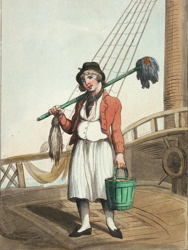 A cabin boy stands on deck holding a mop