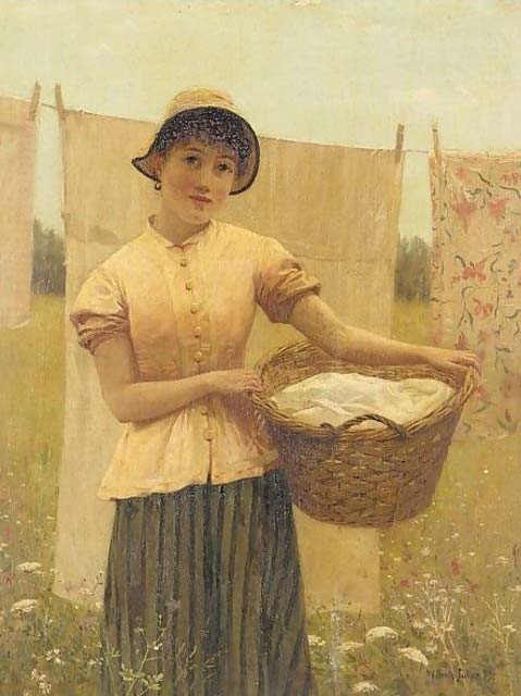 Painting of a young woman holding a basket of laundry