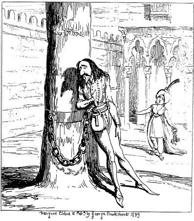 Lord Bateman chained to a tree, while Sophia approaches
