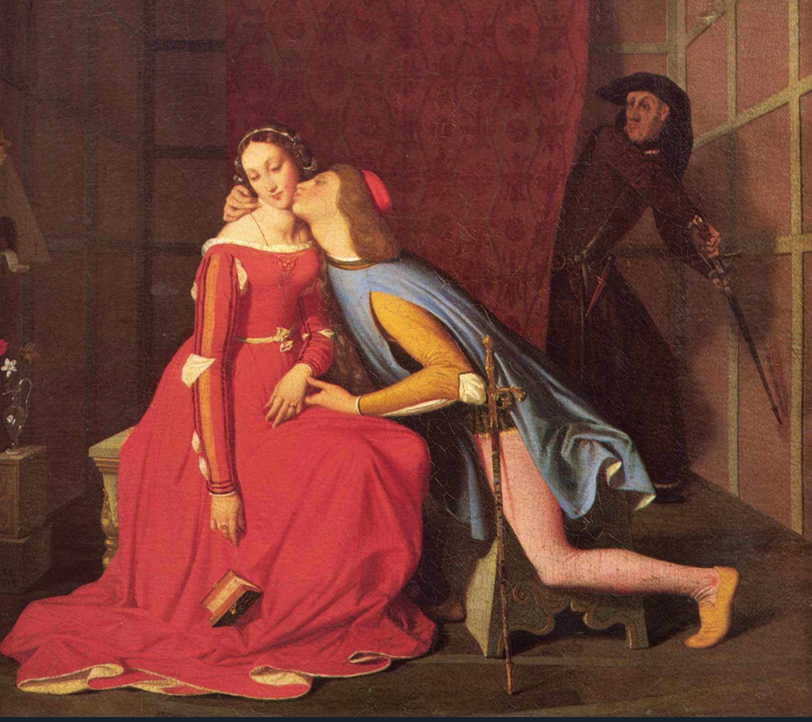 A young man kisses a woman while her husband lurks in the shadows with a sword