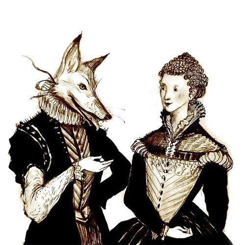 A fox and a woman, both in Tudor dress