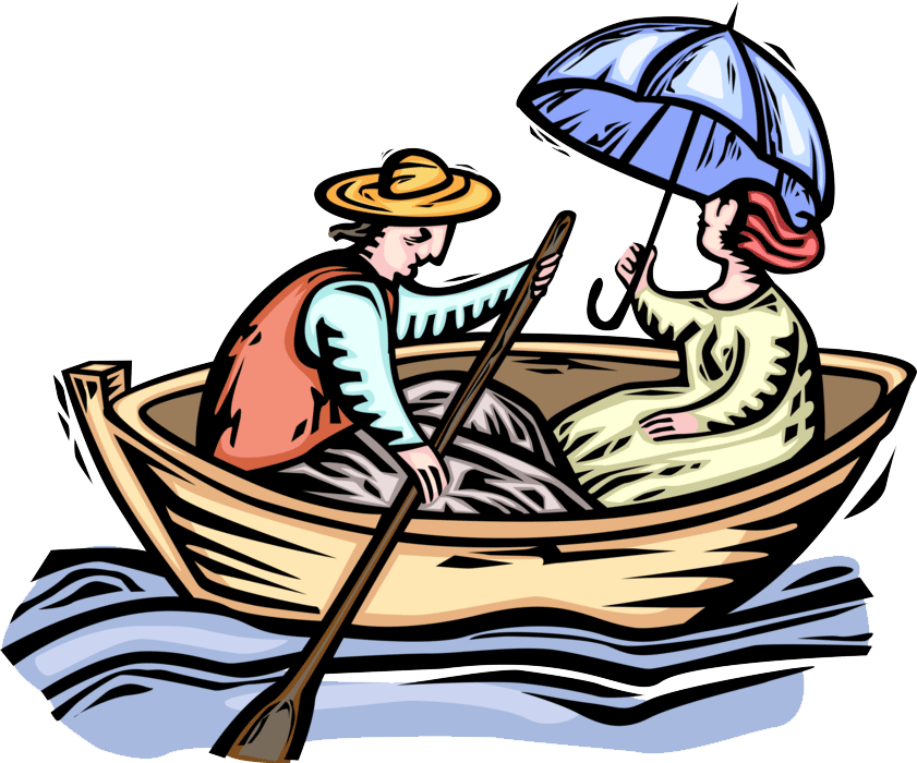 Woodcut image of a couple in a rowboat