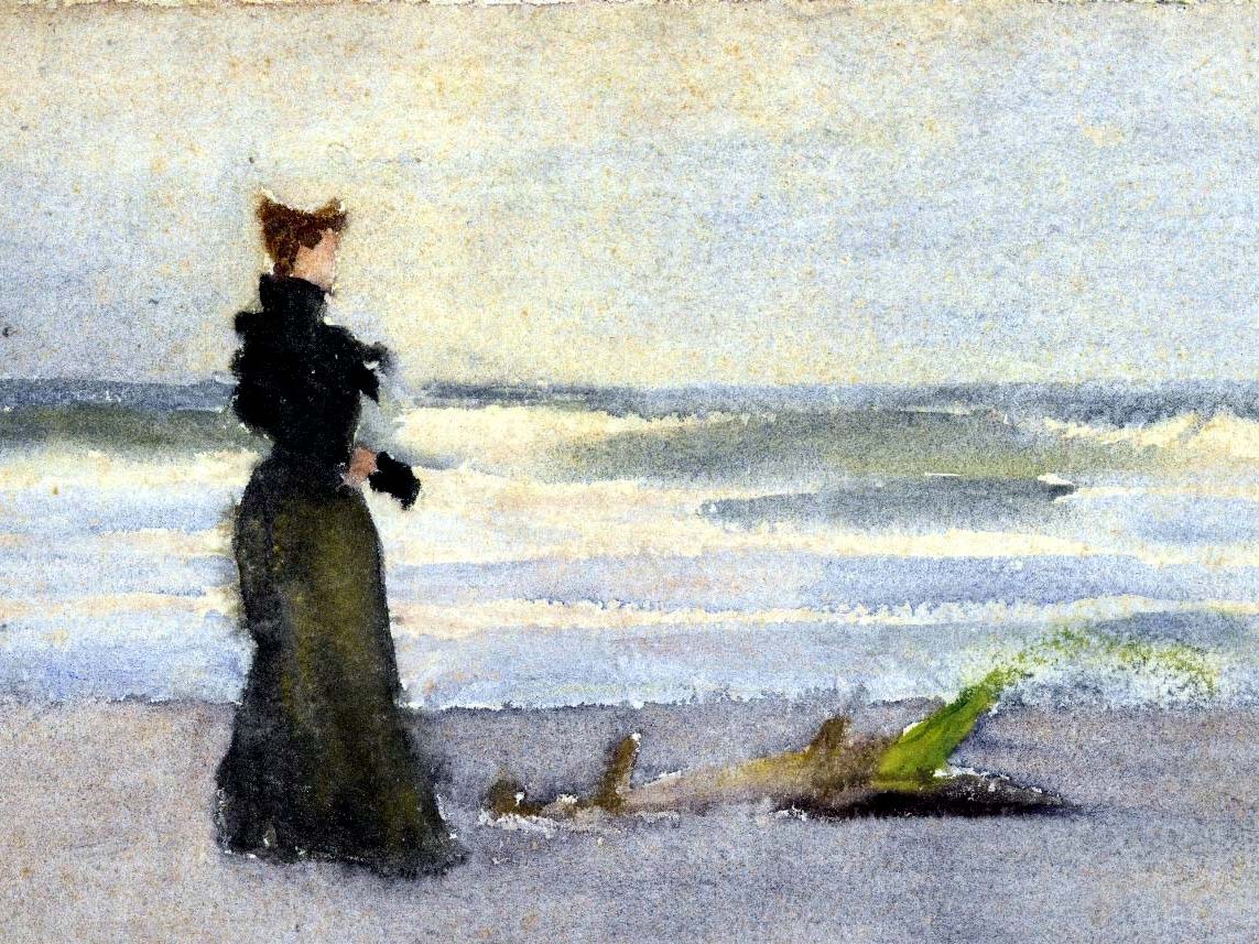 Watercolor painting by Thomas Pollock Anshutz of a woman in black looking out to sea