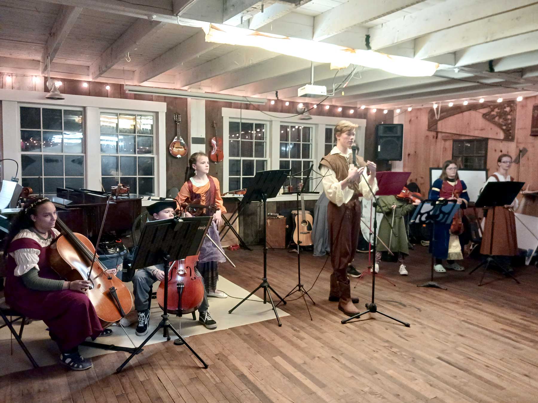 Musicians of the Fiddlehead Field Kids Orchestra in Renaissance garb