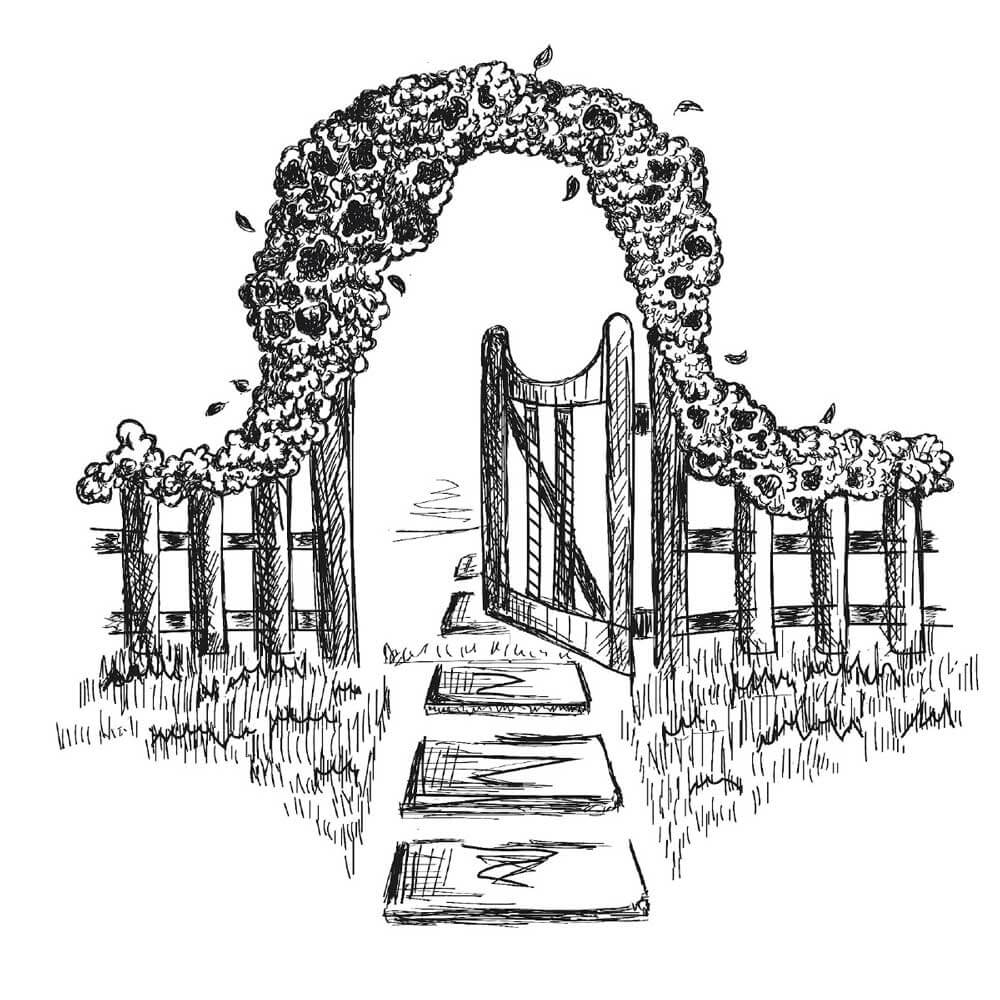 Drawing of an open garden gate from the cover of Free and Open Dancing for All