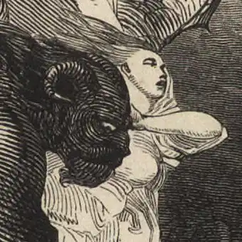 Illustration for the song "James Harris:" a winged demon carrying a woman