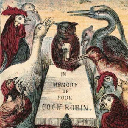 An owl and other birds surround a stone tablet reading "In Memory of Poor Cock Robin."