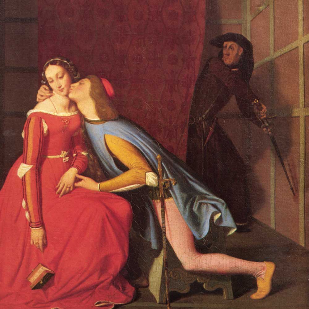 A young man kisses a woman while her husband lurks in the shadows with a sword