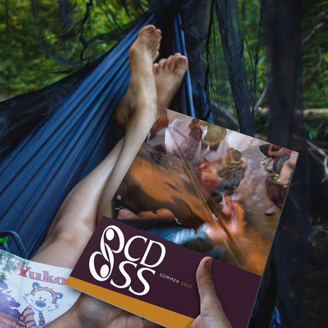 A barefoot person reads the CDSS News in a hammock