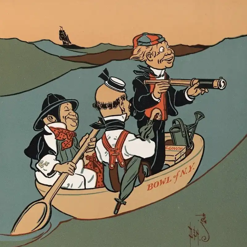 Illustration of three foolish men at sea in a bowl