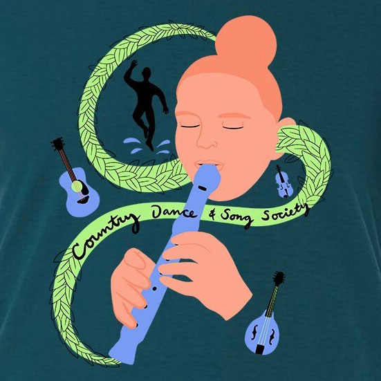 CDSS T-shirt design, showing a person playing recorder surrounded by musical instruments