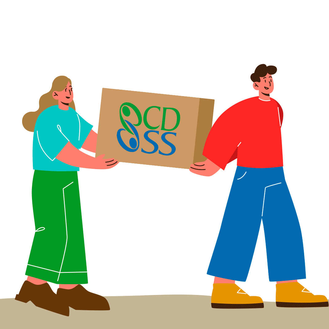Cartoon of two people moving a cardboard box with the CDSS logo on the side